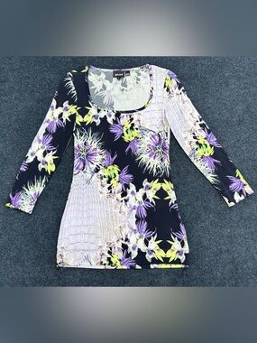 Just Cavalli Top in Black, White Lavender Floral Croc Print Small